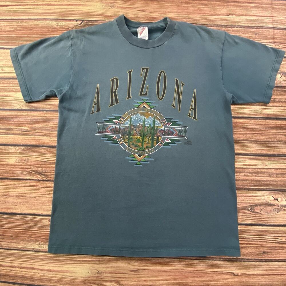 VTG 90s Arizona Cactus Southwest Faded Green USA Tee T-Shirt L Scottsdale